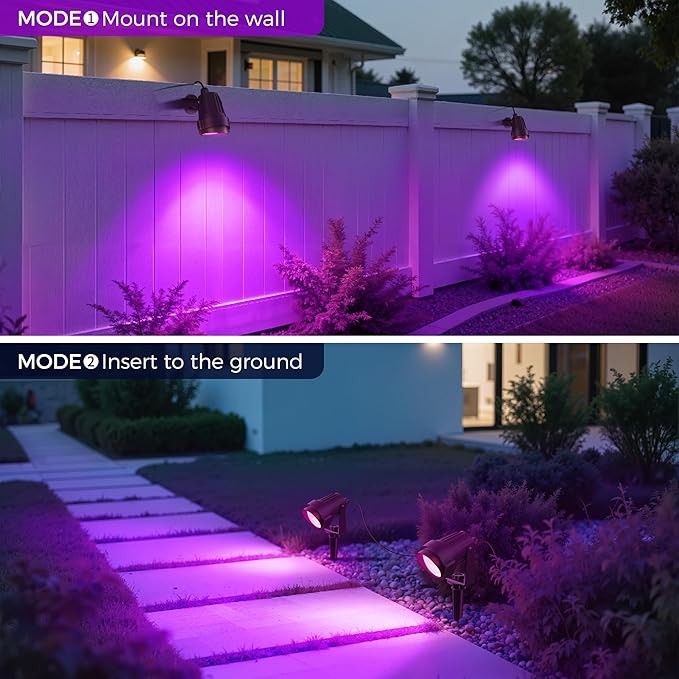 L LOHAS LED Christmas Spotlight Outdoor, Purple Halloween Spot Lights for Yard, Auto On/Off 5W 120V Landscape Lighting for House, Holiday, Trees, Decoration, 450LM IP66 Waterproof, UL Listed, 2 Pack - Aura Lighting