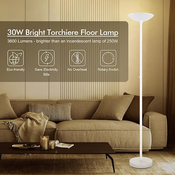 30W Torchiere Floor Lamp - 3600LM Super Bright LED Floor Lamp, 71 Inch Stepless Dimmable Standing Lamp with 3000K Lighting, Rotary Switch, Tall Metal Torch Floor lamps for Living Room/Bedroom (White) - Aura Lighting
