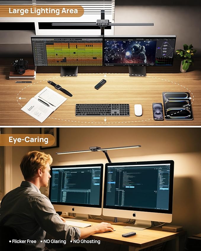 TROND LED Desk Lamp with Clamp, 29.55'' Tall Desk Light with Remote, 1500LM Bright Table Lamp, Swing Arm Clip on Light, Eye-Caring, Touch Control Dimmable for Home Office Monitor Reading Study Task - Aura Lighting