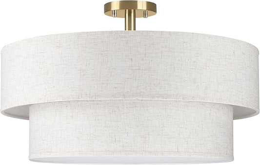 2-Tier 24" Cream Drum Fabric 5 Light Gold Semi Flush Mount Ceiling Light for Living Room Dining Room Bedroom Hallway - Aura Lighting