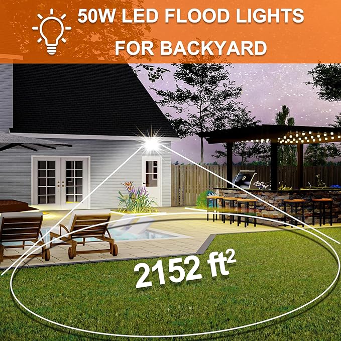 XXBSAZ 50W LED Security Flood Lights (2-Pack), 9000LM Super Bright for Home Safety, Easy 5-Min Plug-in, All-Weather IP66 Waterproof for Garages, Backyards, Driveways - Aura Lighting