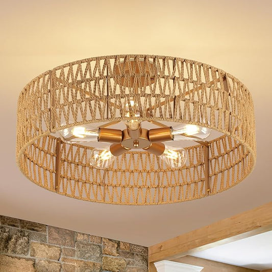 24” Boho Hand-Woven Rattan Wicker Ceiling Light, Large Semi Flush Mount Chandelier Fixture, Rustic Lighting for Living Room, Bedroom, Dining, Kitchen Island, Hallway, Entryway, Foyer