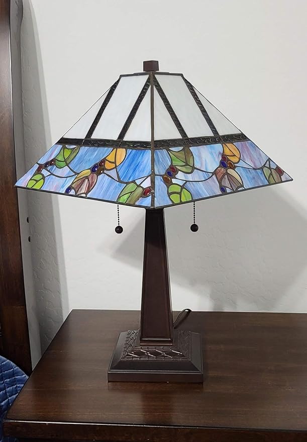 Tiffany Style Table Lamp Banker Mission 22" Tall Stained Glass Tan Blue Red Orange Green Vintage Antique Light Décor Night Stand Living Room Bedroom Handmade Gift AM300TL14B Amora Lighting, Multicolor