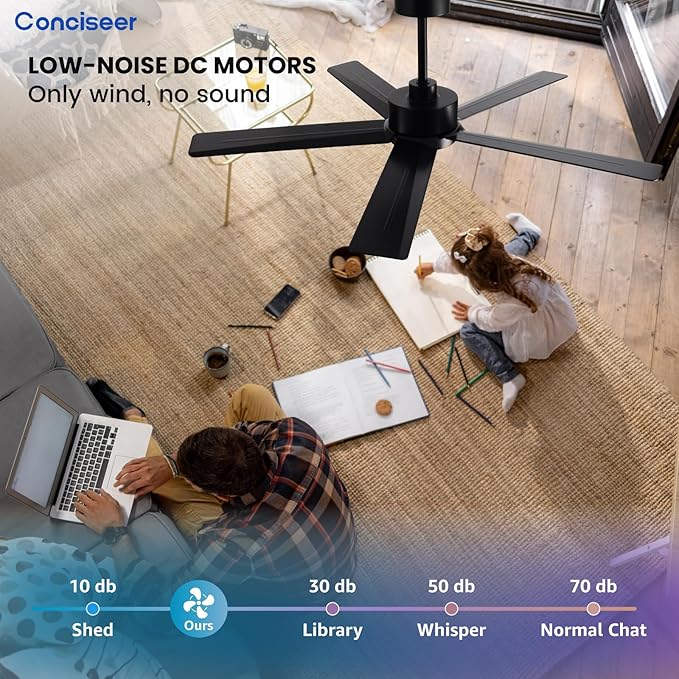 Modern Ceiling Fans with Lights,52 Inch Ceiling Fans with Remote for Bedroom Living Room Kitchen, 18W 3CCT Dimmable，5 Blades 6 Speed Reversible Quiet DC Motor Black