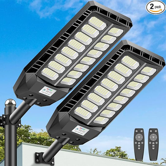 Deepn Solar Lights Outdoor 8000W, Solar Street Lights Outdoor Waterproof, 480 LED Security Flood Light 7000K Street Light 300000LM with Motion Sensor & Dusk to Dawn for Pathway & Yard, LA065W, 2 Pack