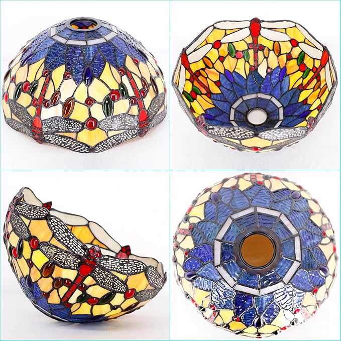Tiffany Lamp Shade Replacement 12X6 Inch Stained Glass Lampshade Only 1-5/8-Inch Fitter Opening for Arched Floor Lamp, Torchiere Lamp, Pendant Light (Orange Blue Dragonfly)