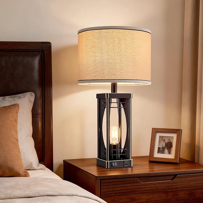 SRJJA Farmhouse Table Lamps Set of 2 for Living Room, Rustic Industrial Bedside Lamps with USB A+C Charging Ports, 22.5" Dual Light Nightstand Lamp with Linen Shade for Bedroom End Tables