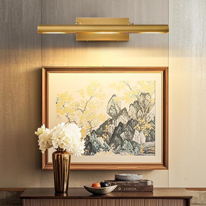 Art Picture Frame Wall Light: 24" Glod Dimmable Vintage Artwork Brass Painting Spotlight - Hardwired Swing Arm Rotatable 3 Lights over Picture - Linear Accent Lighting above Photo for Gallery Bookcase
