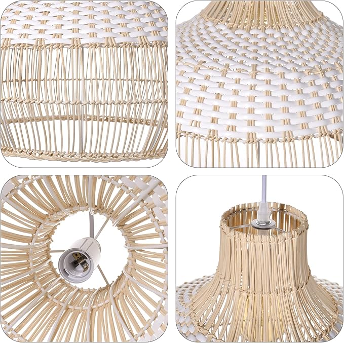 Arturesthome 1 Light White Rattan Pendant Light, Wicker Hanging Ceiling Light Chandelier, Handmade Woven Lampshade for Kitchen Island