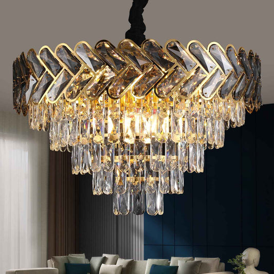 Modern Crystal Chandelier Gold,24" Round Crystals Chandeliers for Dining Room Top K9 Adjustable Ceiling Light Fixture 5-Tier Crystal Pendant Lamp 9-Light for Living Room Foyer Staircase