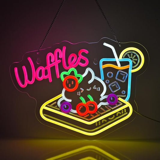 Waffles Neon Sign, Neon Lights Hanging Wall Art Decoration for Store Retail Shop Market Grocery Bakeries Dessert Café Celebration Home Decor,USB Powered Ultra Bright Dimmable,15.75×11.8inches
