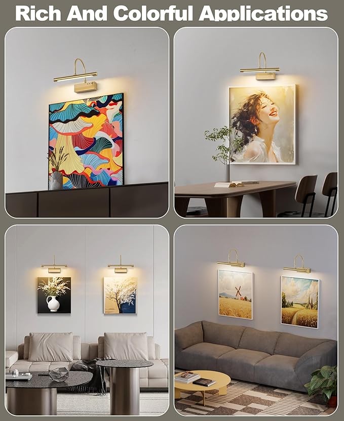 Wireless LED Picture Light, Coredless Art Lighting for Wall, Brass Battery Frame Light with Remote, 3 Color Tone & Dimmable,12 inch Wall Decor Light for Art Display,Hallway,Study Room