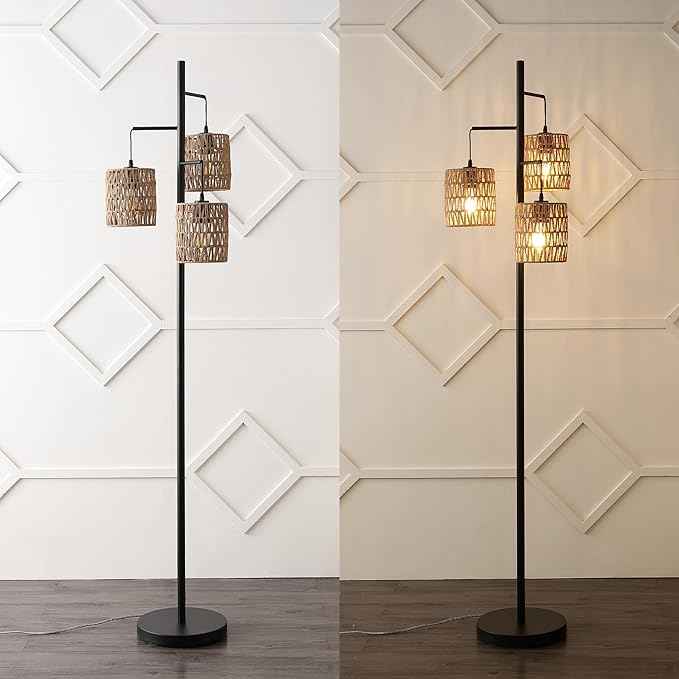 JONATHAN Y 70.75" Black 3-Light Bohemian LED Floor Lamp, Mid-Century Modern Standing Light with Natural Rattan Lantern Shades for Living Room, LED Bulbs Included JYL1150A
