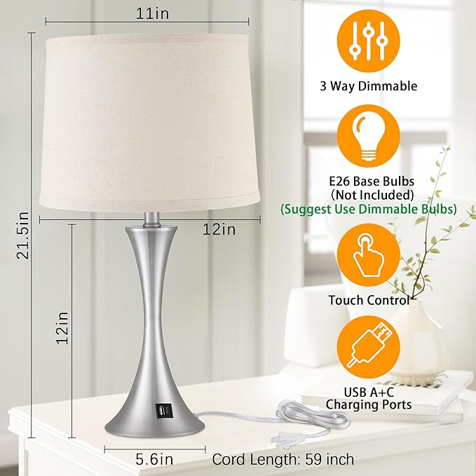 LIT-PaTH Table Lamp for Bedroom Nightstand Set of 2, Bedside Lamps with 3 Way Dimmable Touch Control and USB C+A Charging Ports, Linen Shade Desk Light for Living Room, Nickel (LED Bulb Not Included)