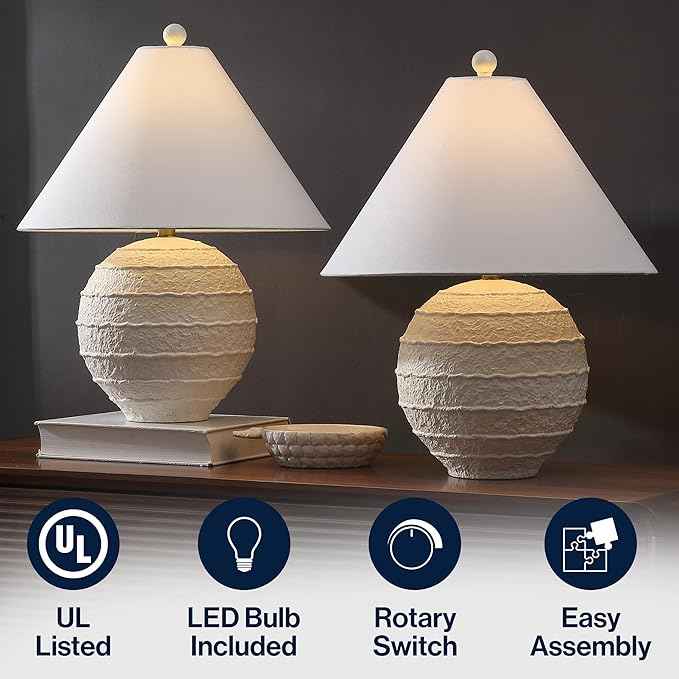 JONATHAN Y 21" Antique White Coastal Cottage Textured Resin Table Lamp Set of 2, Farmhouse Ridged Nightstand Lamps for Living Room Bedroom, White Linen Shade, LED Bulbs JYL9205A-SET2