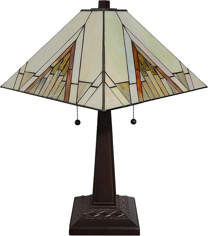 Tiffany Style Table Lamp Banker Mission 23" Tall Stained Glass Tan Brown Vintage Antique Light Décor Night Stand Living Room Bedroom Handmade Gift AM348TL14 Amora Lighting