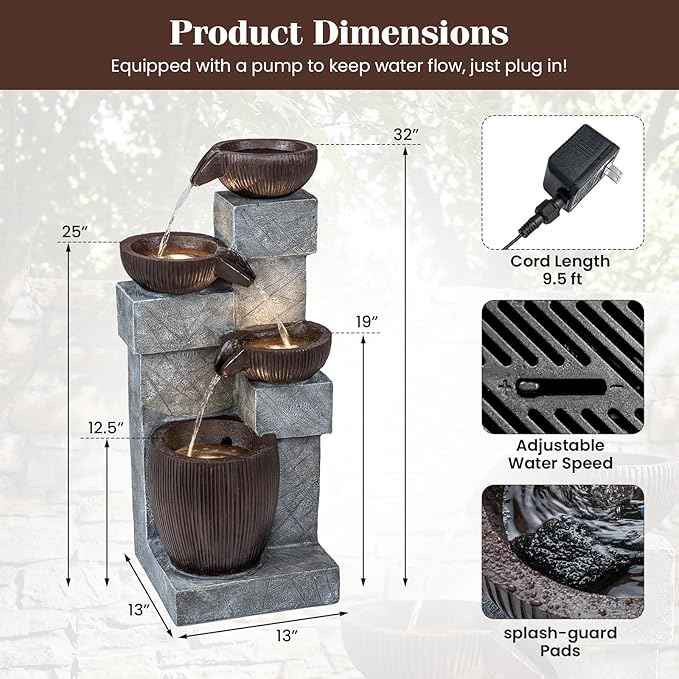 Giantex 32'' Water Fountain Outdoor, 4-Tier Cascading Bowls Waterfall Fountain with Warm LED Lights & Pump, Outside Zen Water Feature for Patio, Balcony, Deck, Garden, Yard Decor