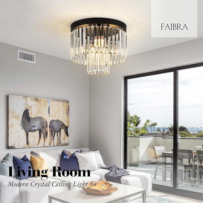 12.6" Black Crystal Ceiling Light 4-Light Modern Fixture 2-Tier Luxury K9 Crystal, for Dining Room Kitchen Island Living Room Bedroom - Aura Lighting