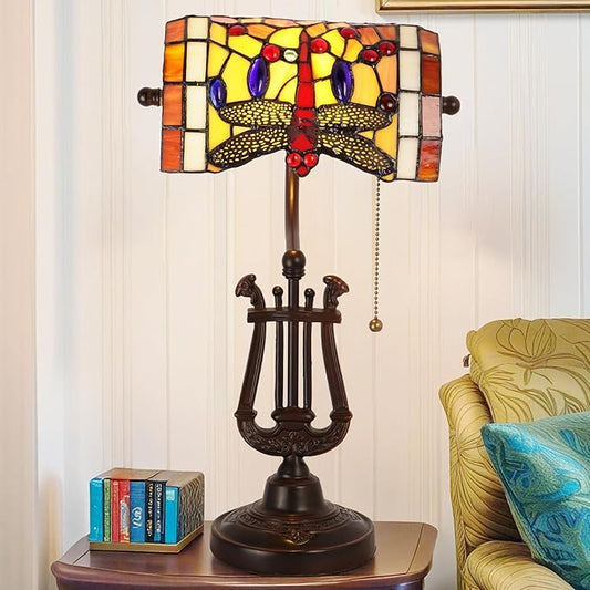 Fandian Vintage-Style Bankers Lamp - Antique-Looking Dragonfly Mission-Style Table or Desk LED Light with Stained Glass Shade US Plug in (Dark Brown)