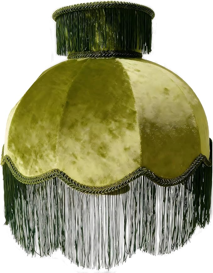 Caramel-colored velvet fringe lampshade 7.8" Top x 17.7" Bottom x 13.4" High x 15 Slant"- Large Dome with Scalloped Edge & Fringe Tassels, for Table/Floor Lamps(1, green, Large)