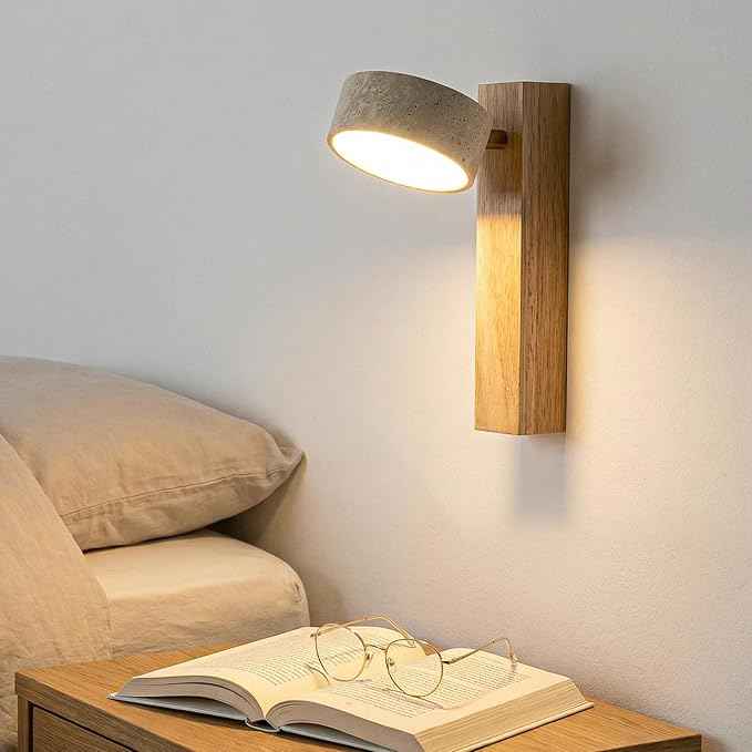 Natural Travertine Bathroom Vanity Light, 300° Swivel Japandi Ash Wood LED Wall Sconce, Warm Travertine Stone Farmhouse Mirror Lighting Fixtures, Modern Rustic Wall Lamp for Powder Room Bedroom(110V)