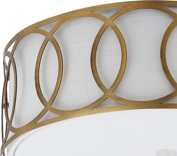 JONATHAN Y 12.25" Brass Gold Modern Metal LED Flush Mount Ceiling Light for Bedroom Hallway, White Linen Drum Shade with Geometric Fretwork, LED Bulbs Included JYL3502A
