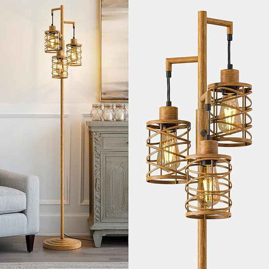 BOBOMOMO 70" Farmhouse Dimmable Floor Lamp, Light Wood Grain Industrial Metal Cage Standing Lamp with 3 LED Bulbs, Stepless Dimming Tall Tree Lamp for Living Room, Bedroom, Studio, Corner