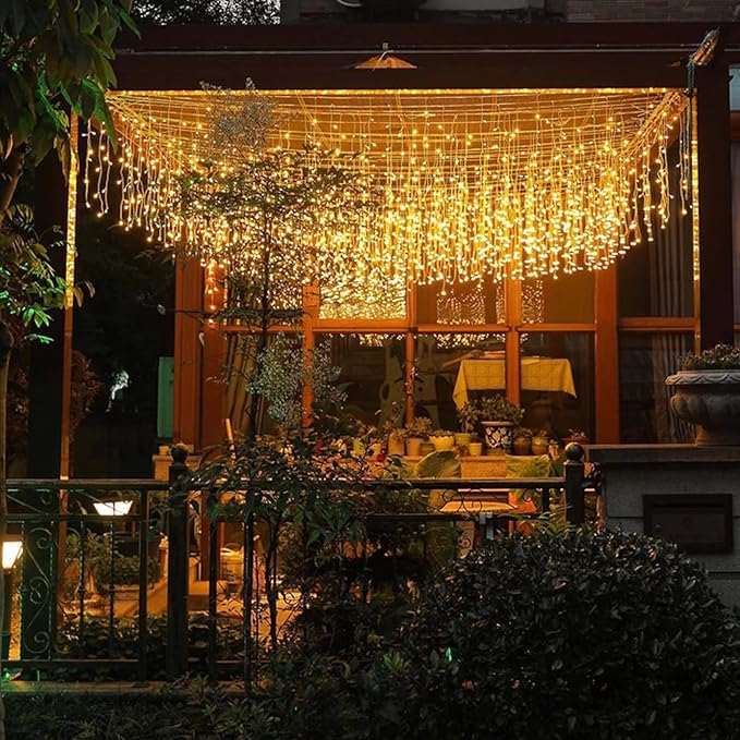 ZIMINGU Icicle Christmas Lights, 16.4 FT 120 LEDs 8 Modes, Hanging Twinkle Connectable Memory Fairy Curtain String Lights for Indoor Eaves Shopping Outdoor Decor, Warm White, 5M06