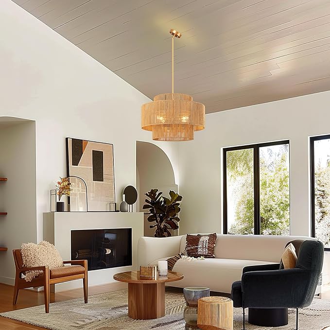 24'' Boho Rattan Chandelier, 4-Light Hand-Woven Wicker Pendant Lamp, Rustic Modern Ceiling Light Fixture for Dining Room, Kitchen Island, Living Room, Bedroom, Foyer, Entryway, Over Table - Aura Lighting