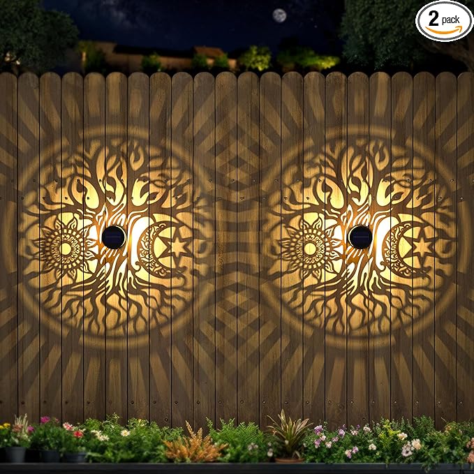 2 Pack Large Solar Fence Lights Metal Solar Powered Outdoor Wall Deck Step Lights Tree Theme Waterproof Fence Light for Garden Post Patio Backyard Yard Decor, Gardening Gifts for Women Mom Grandma