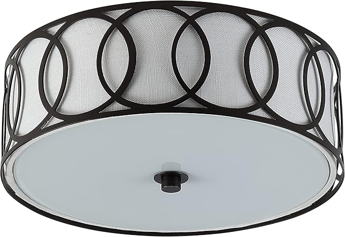 JONATHAN Y 12.25" Oil Rubbed Bronze Modern Metal LED Flush Mount Ceiling Light for Bedroom Hallway, White Linen Drum Shade with Geometric Fretwork, LED Bulbs Included (JYL3502C)