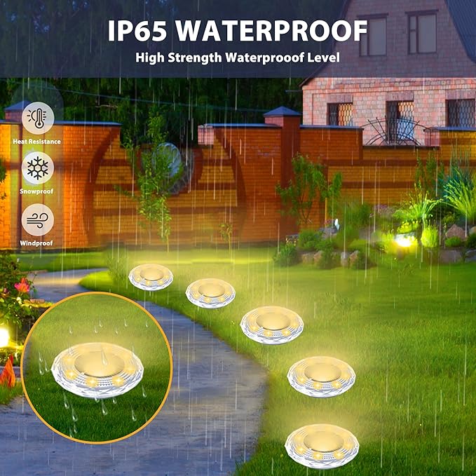 Solar Ground Lights 12 Pack Waterproof Outdoor LED Solar Garden Lights Bright Solar Powered Disc Light In-Ground Landscape Lighting for Patio Pathway Walkway Driveway, Warm White