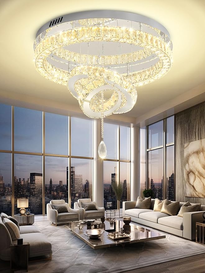 Flashing God Dia 32'' Modern Chandeliers for Living Room Crystal Flush Mount Ceiling Chandelier Large Chandeliers for Dining Room Bedroom LED Dimmable 3000-6000K Chrome