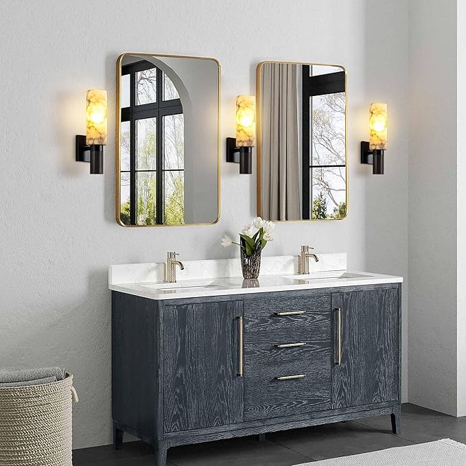 Modern Alabaster Sconce Marble Wall Sconce for Living Room Black Base Bathroom Vanity Wall Sconce Lighting Stone Marble Wall Lamp for Bedroom Corridor Stairs Restaurant - Aura Lighting