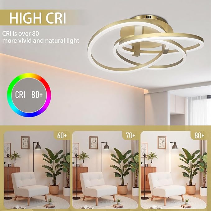 Maxax 23.5" Gold Led Ceiling Light Fixture, Modern 3 Rings Flush Mount Chandelier, Close to Ceiling Lamp for Bedroom Living Room Dining Room Kitchen, ETL Listed