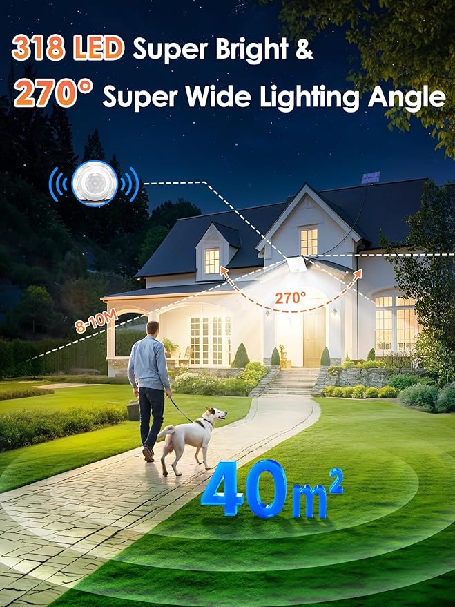 PIKOY Solar Motion Lights Outdoor Waterproof, [Upgraded 318LED/33FT/5 Modes] Solar Security Lights,Remote+IP65 Solares Lamparas Solares para Exteriores Grandes Sin Sensor De Movimiento 2 Pack