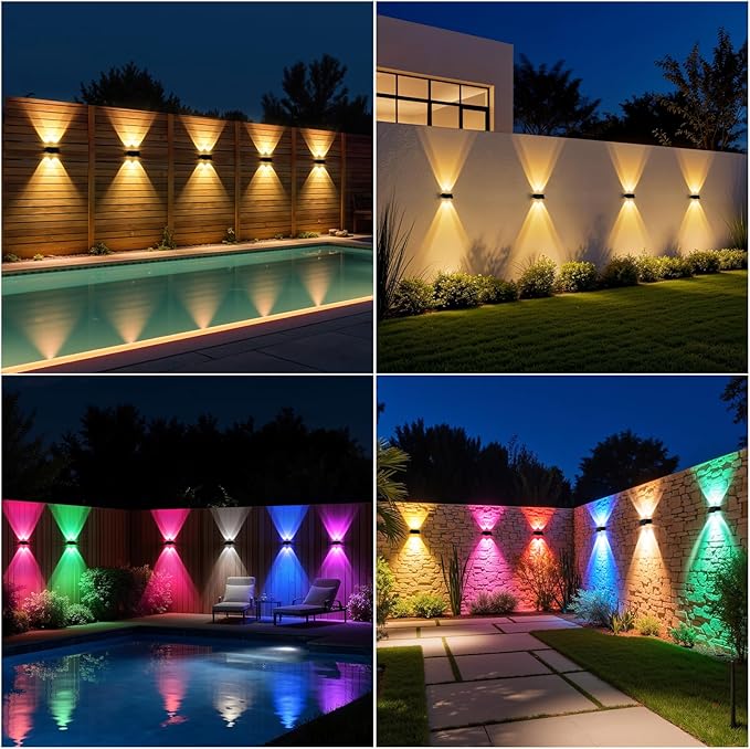 NIORSUN Solar Fence Lights,6 Pack Deck Light,Led Outdoor Lights 3000K/4500K/6000K+ RGB Up & Down Wall Lights Waterproof,Solar Powered Light for Backyard/Pool/Railing/Patio/Porch/Step