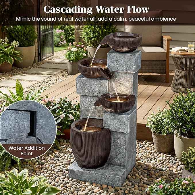 Giantex 32'' Water Fountain Outdoor, 4-Tier Cascading Bowls Waterfall Fountain with Warm LED Lights & Pump, Outside Zen Water Feature for Patio, Balcony, Deck, Garden, Yard Decor
