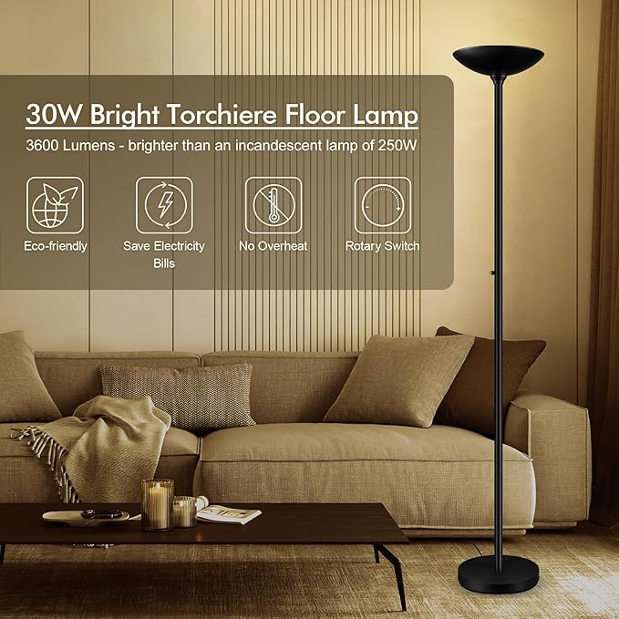 30W Torchiere Floor Lamp - 3600LM Super Bright LED Floor Lamp, 71 Inch Stepless Dimmable Standing Lamp with 3000K Lighting, Rotary Switch, Tall Metal Torch Floor lamps for Living Room/Bedroom (Black) - Aura Lighting