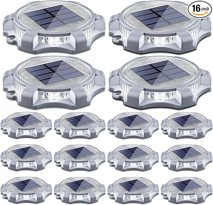 SIEDiNLAR Solar Deck Lights Outdoor 2 Modes LED Driveway Markers Dock Light Waterproof for Walkway Step Ground Stair Pathway Yard Garden Road 16 Pack (Cool White/Warm White)