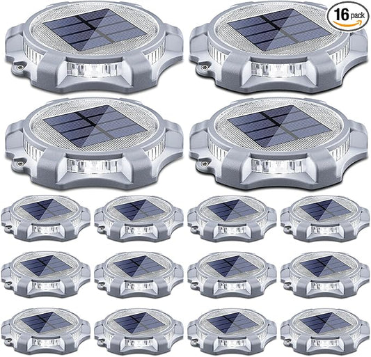 SIEDiNLAR Solar Deck Lights Outdoor 2 Modes LED Driveway Markers Dock Light Waterproof for Walkway Step Ground Stair Pathway Yard Garden Road 16 Pack (Cool White/Warm White)