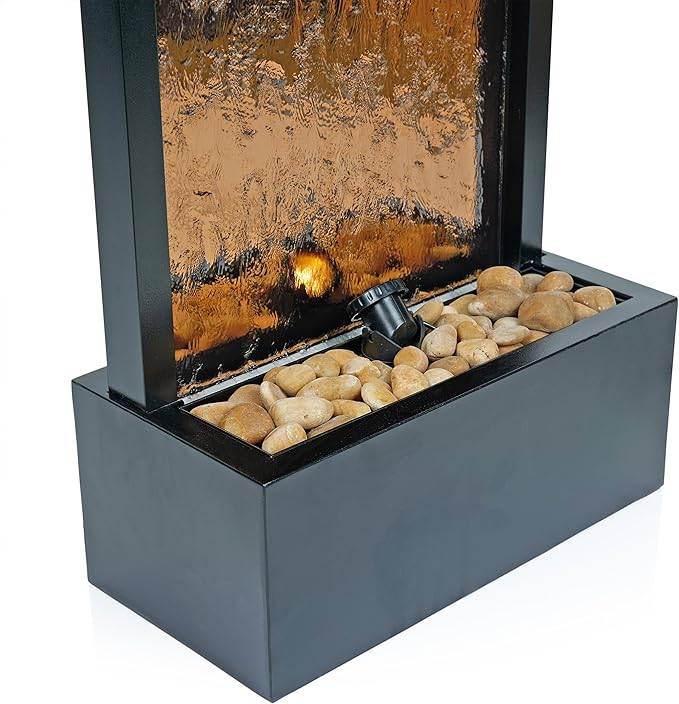 Alpine Corporation 48" Tall Indoor Modern Wall Mounted Zen Mirror Waterfall Floor Fountain with Stones and LED Lights Decor for Office, Living Room, Entryway, Bronze