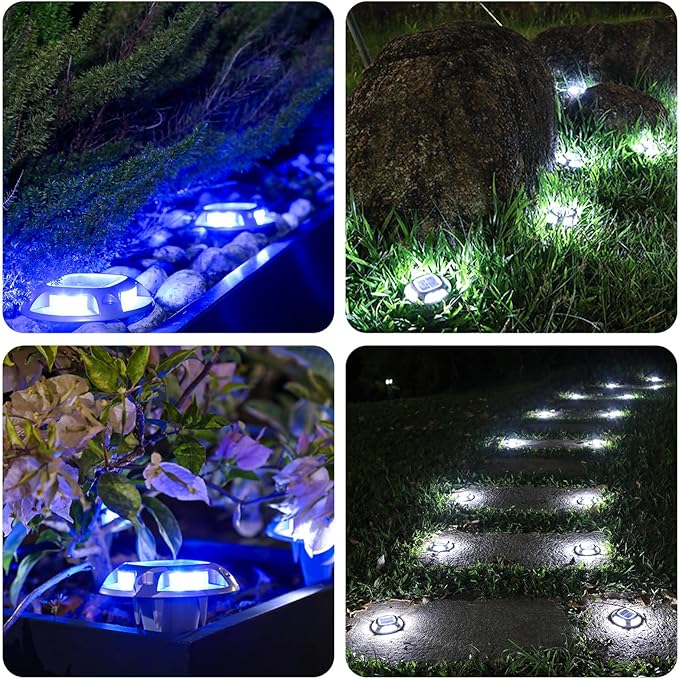 AGPTEK Solar Driveway Lights 12 Pack, 2 Colors in 1 Outdoor Solar Deck Dock Marine Waterproof LED Driveway Marker Security Lights for Outside Pathway,Boat Dock,Step,Walkway,Path,Garden (Blue & White)