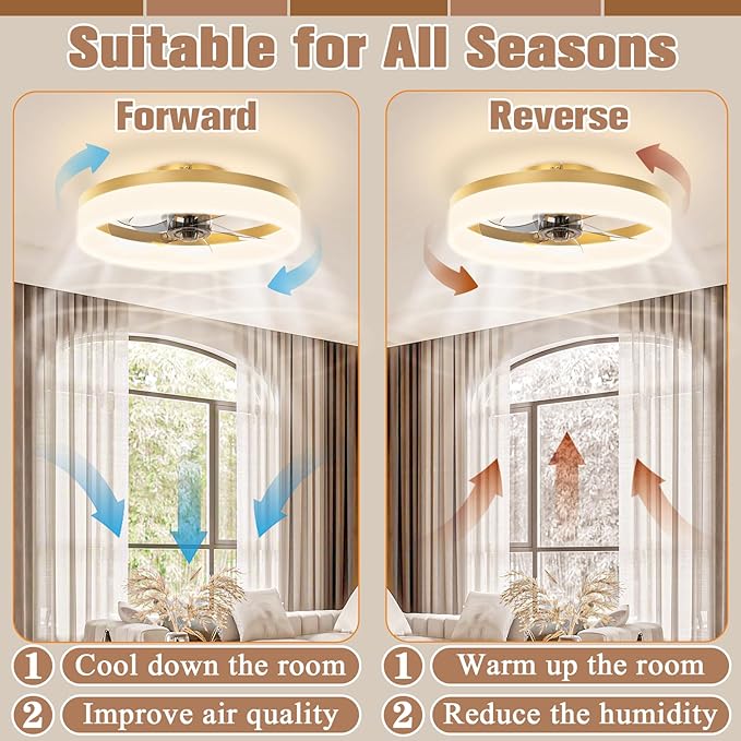VOLISUN Low Profile Ceiling Fans with Lights and Remote,15.7in Modern Ceiling Fan Flush Mount, 3000K-6500K Dimmable Bladeless LED Fan Light,Gold Fandelier Ceiling Fans with Lights for Bedroom - Aura Lighting