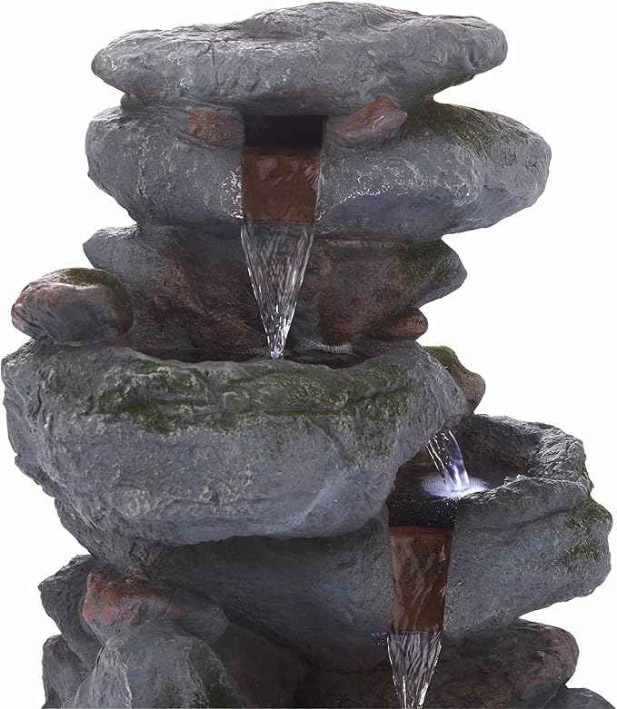 Alpine Corporation 22" Tall 3-Tier Outdoor Rock Waterfall Fountain with LED Lights, Natural Stone Look for Garden, Patio, Yard & Porch Decor, Gray