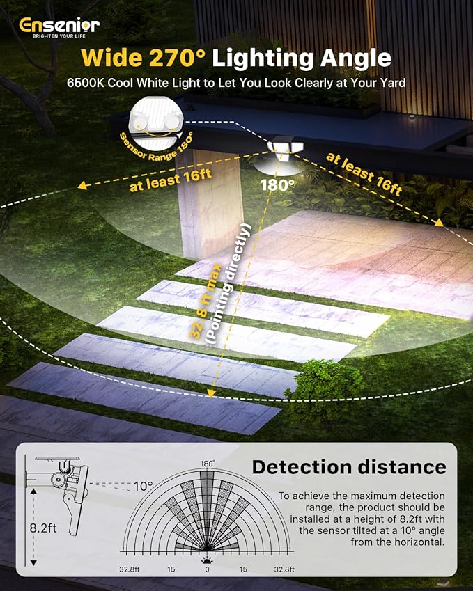 Ensenior Solar Lights Outdoor, Motion Sensor Outdoor Light with Remote Control, IP65 Waterproof 279 LED 4 Heads Solar Security Light with 4 Mode, 270° Wide Angle Solar Flood Light for Outside, 2 Packs