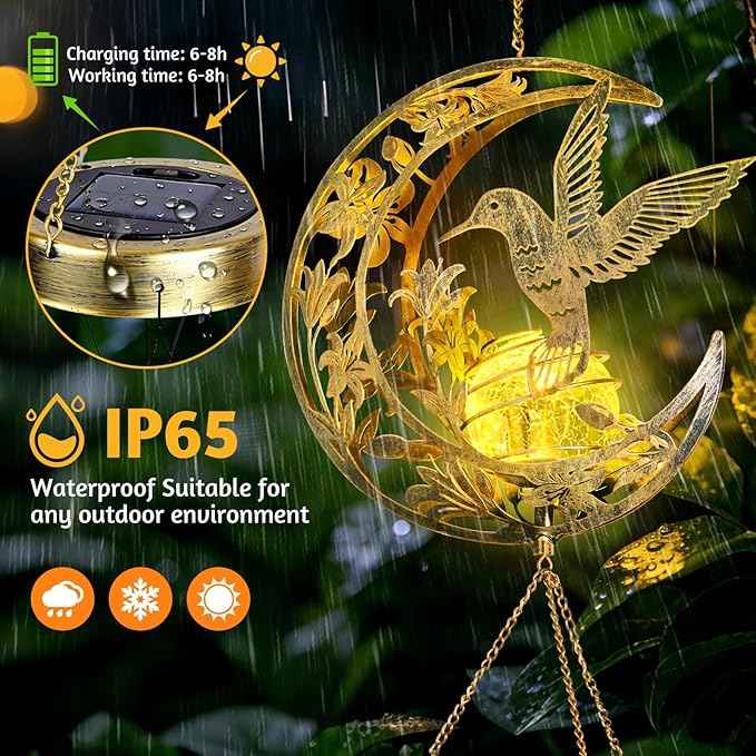 Solar Wind Chimes for Outside Hummingbird Gifts for Women Mom Grandma Sister Crackle Glass Ball Wind Chimes Solar Lights Outdoor Decor for Garden Backyard Patio Yard Porch, Mothers Gift Birthday Gifts