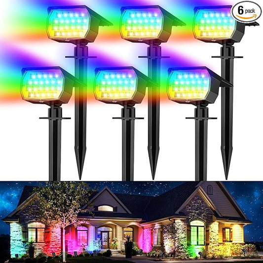 Solar Spot Lights Outdoor Color Changing, [7 Mode/6 Pack] Christmas Landscape Spotlights, Solar Lights Outdoor Waterproof, Solar Led Powered Flood Light for Outside Pathway Yard Garden Walkway - Aura Lighting