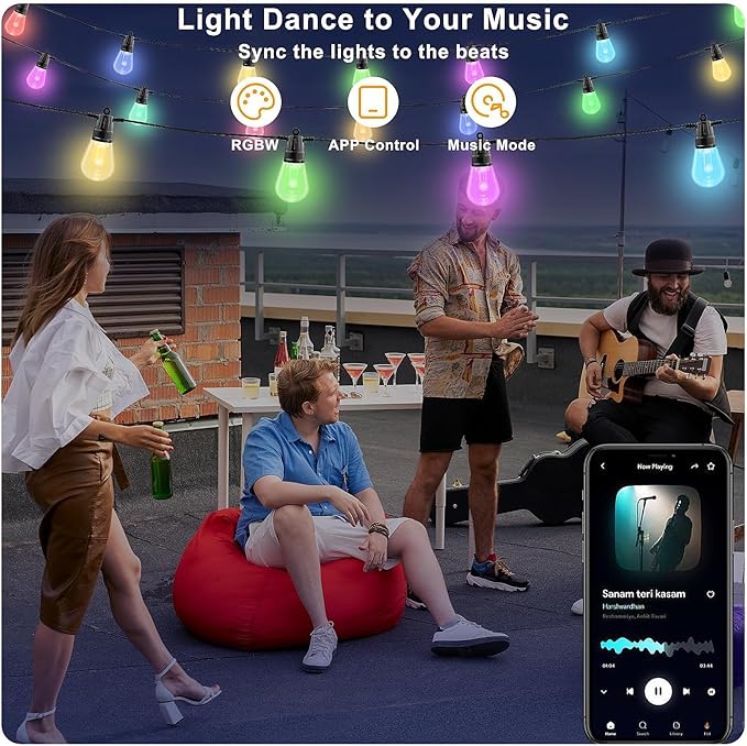 String Lights for Outside,49FT Outdoor String RGB Patio Lights with Waterproof 15 Bulbs,String Lights Patio with App & Remote, Color Changing String Light for Garden Yard Porch Party Decor