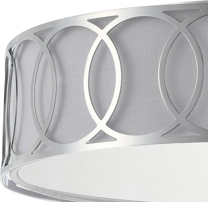 JONATHAN Y 12.25" Chrome Modern Metal LED Flush Mount Ceiling Light for Bedroom Hallway, White Linen Drum Shade with Geometric Fretwork, LED Bulbs Included (JYL3503B)